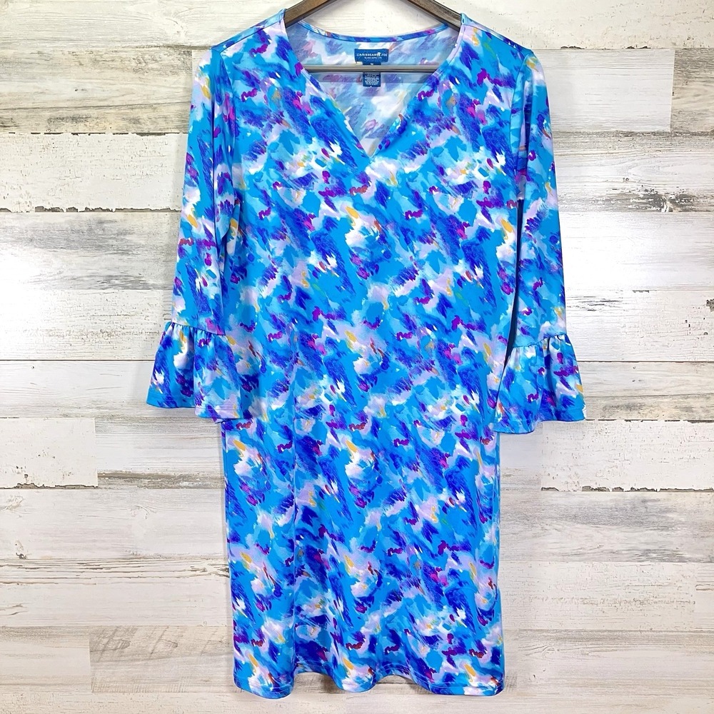 Caribbean Joe Womens Blue Tie Dye V Neck Flare Slv Stretchy  Sheath Dress Size M